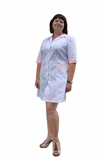 Халат медицинский женский с коротким рукавом (ткань ТИСИ, с розовой отделкой)
